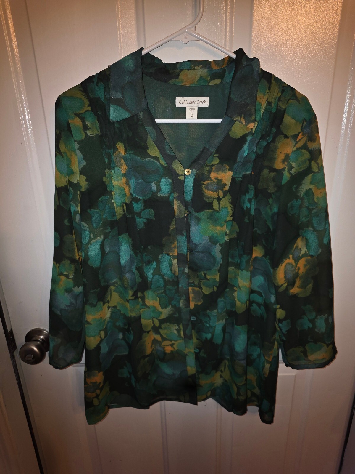 Coldwater Creek XL Floral Button-Up Blouse in Green and Yellow