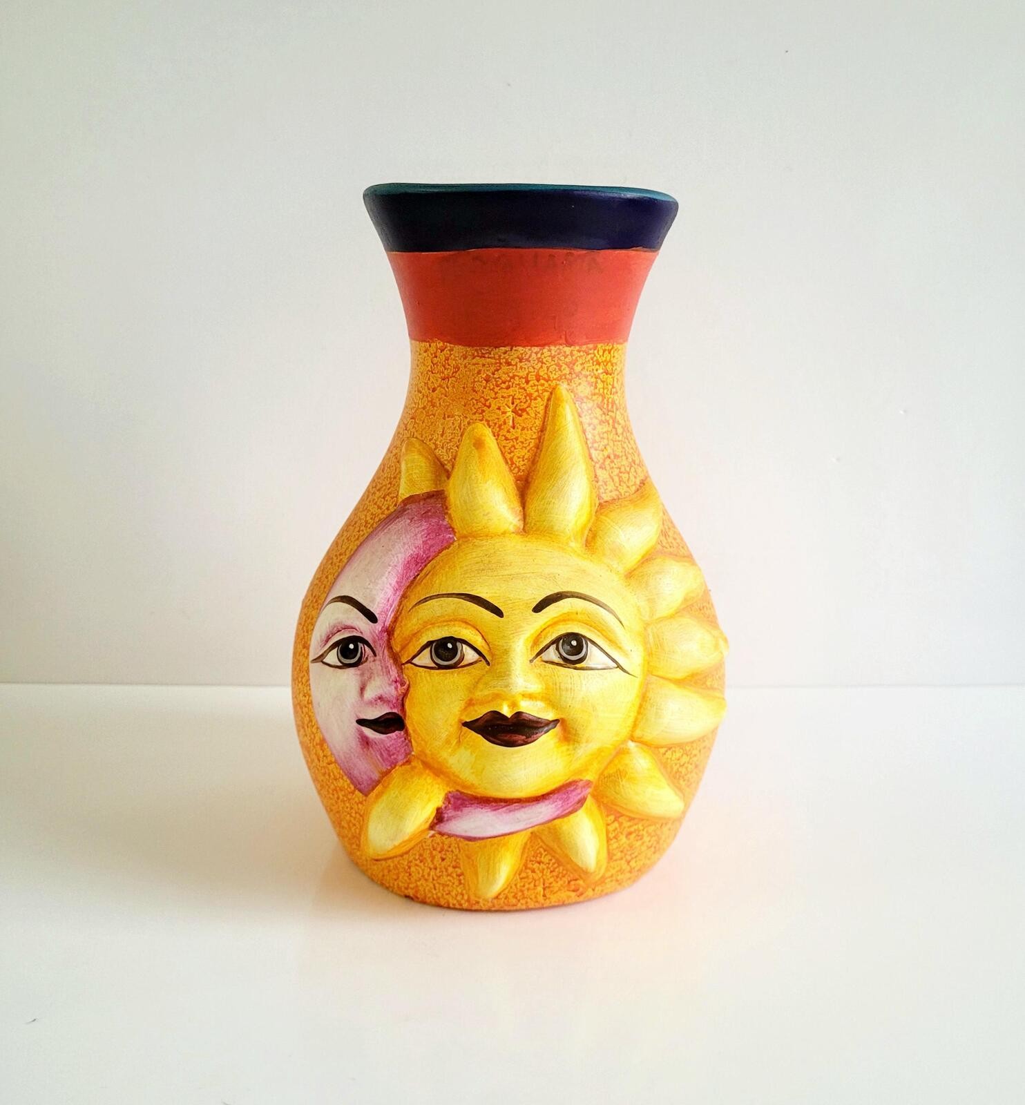 Vintage Hand Painted Ceramic Sun and Moon Vase, Talavera Style Mexican Folk Art Vintage Hand Painted Ceramic Sun and Moon Vase, Talavera Style Mexican Folk Art