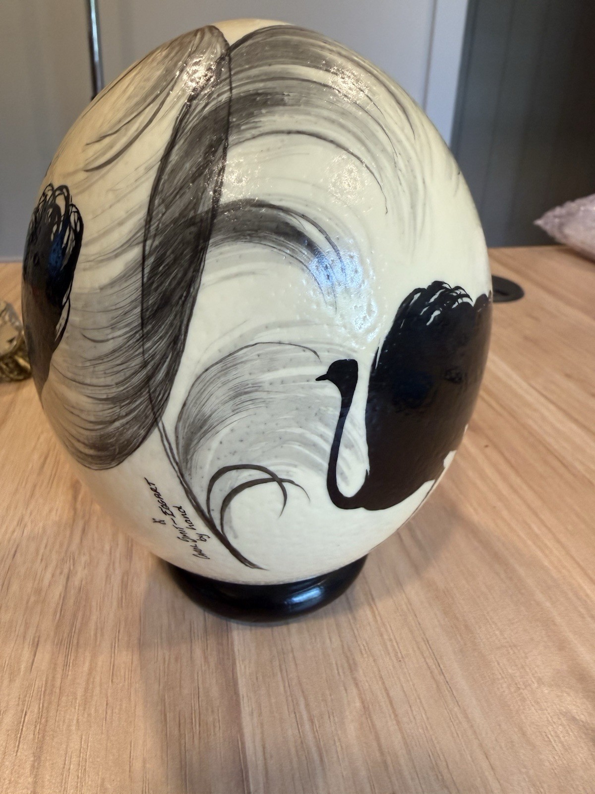 Vintage Carol Smith Egg Art Hand-Painted Ostrich Egg with Wooden Base Vintage Carol Smith Egg Art Hand-Painted Ostrich Egg with Wooden Base
