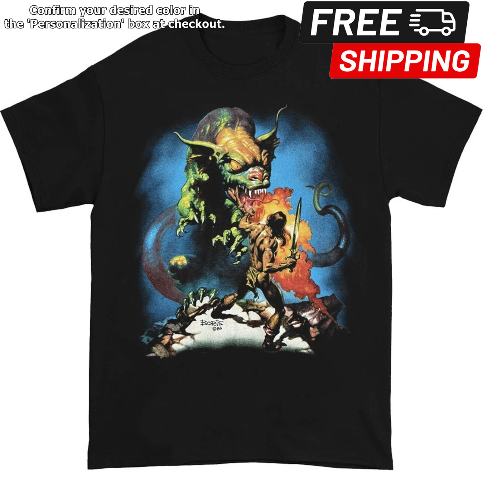 Boris Vallejo 1986 Vintage Fantasy Art Black Heavy Cotton Graphic T-Shirt