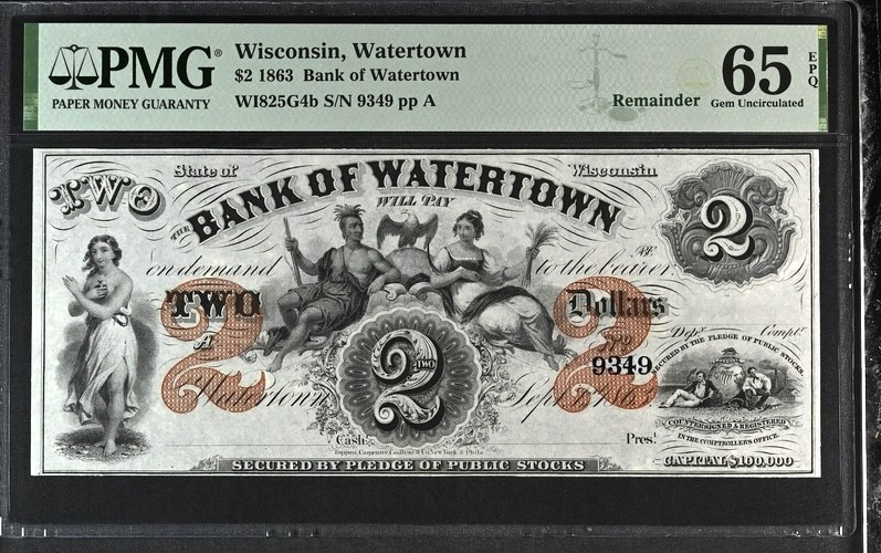 1863 $2 Wisconsin, Watertown PMG 65 Gem 1863 $2 Wisconsin, Watertown PMG 65 Gem