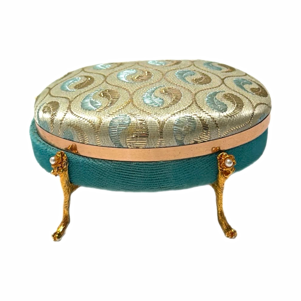 Vintage Hollywood Regency Jewelry Box Teal Gold Brocade Footed Vanity Trinket