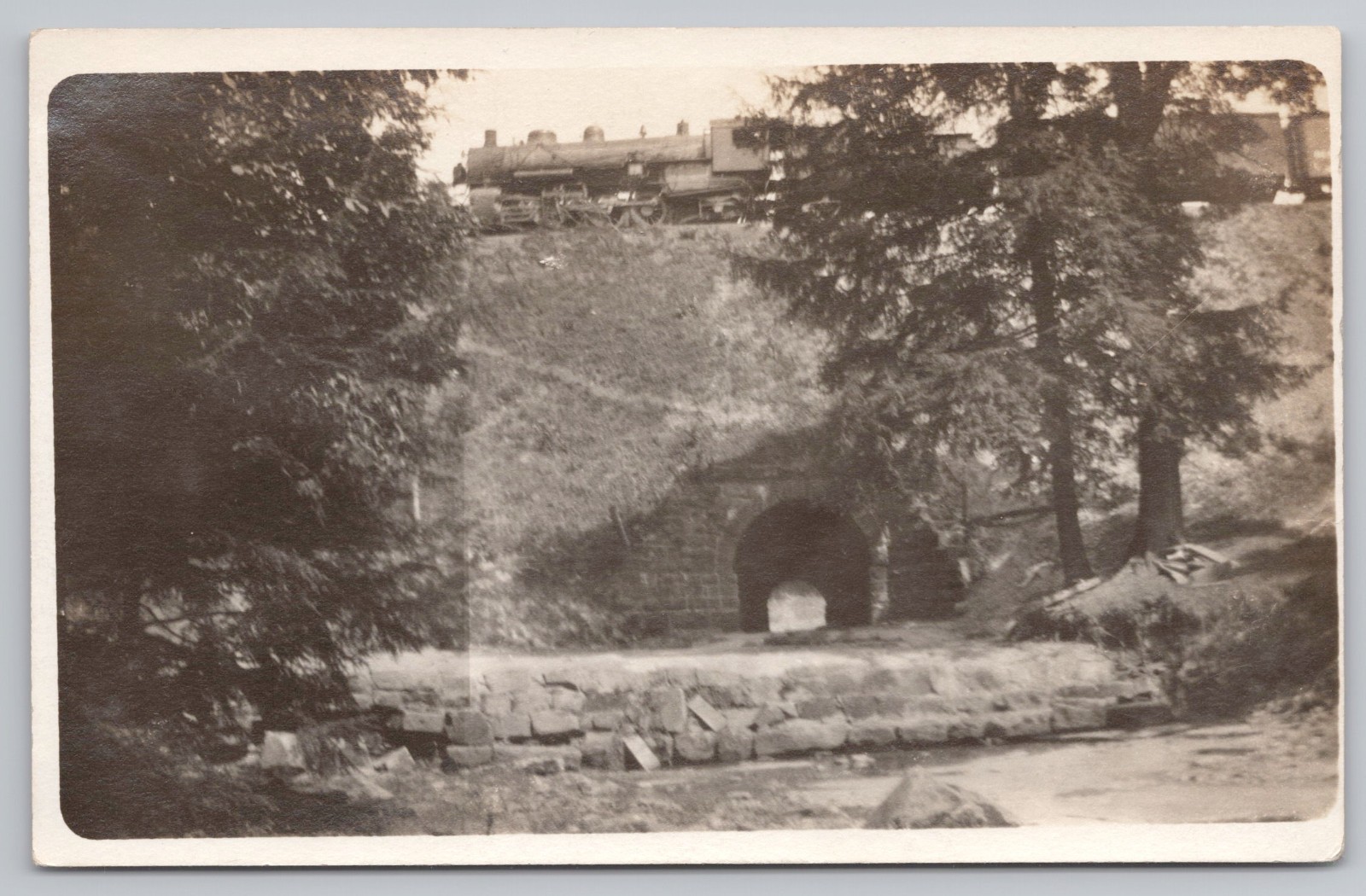 RPPC Stone Arch Railroad Bridge Real Photo Postcard Steam Engine Train c.1910