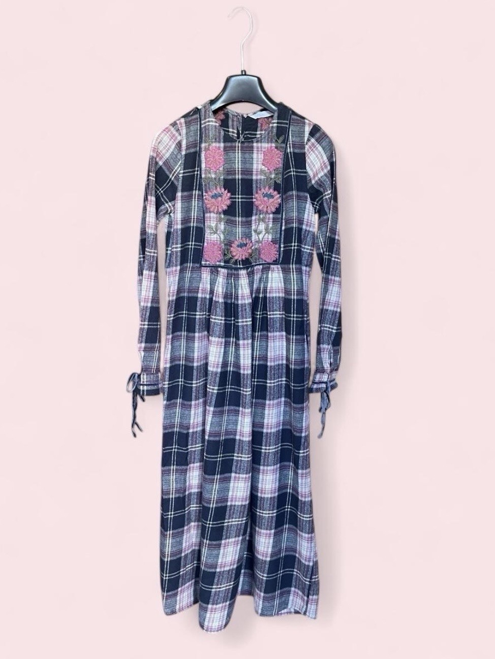 NWOT Zara 1970s Cotton Floral Embroidered Plaid Velvet Ribbon Maxi Dress XS