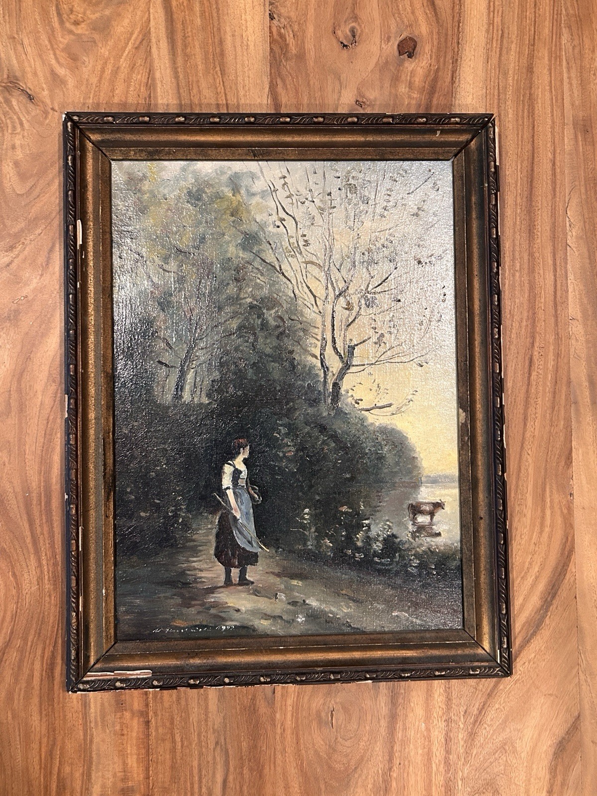 Original Oil on Canvas After Corot Peasant Woman Cow Signed 1992 Framed