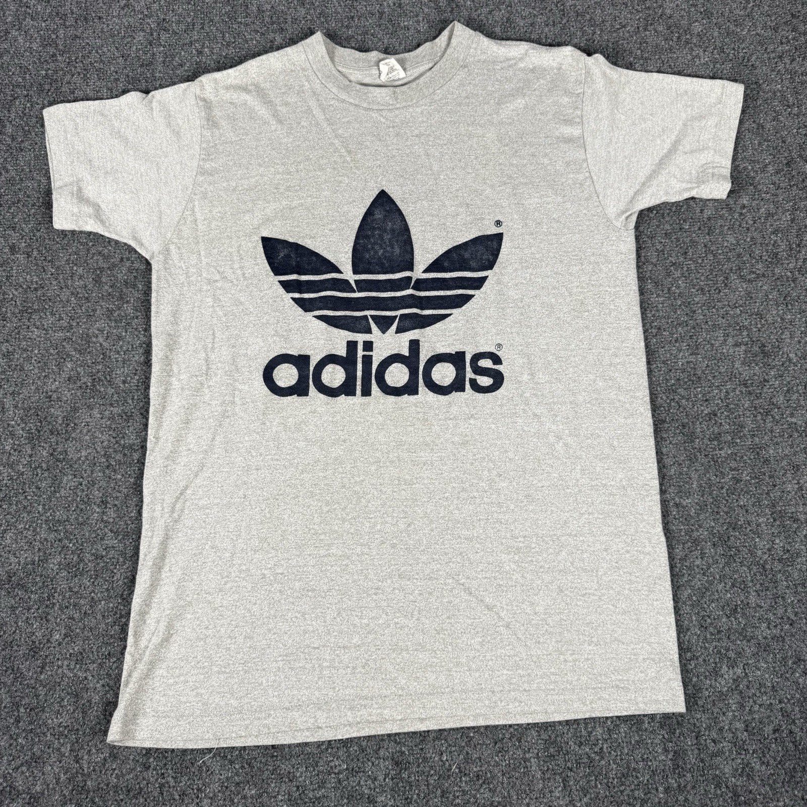 Vintage 80s Adidas Trefoil T Shirt Large Made In USA Gray Double Sided Logo VTG Vintage 80s Adidas Trefoil T Shirt Large Made In USA Gray Double Sided Logo VTG
