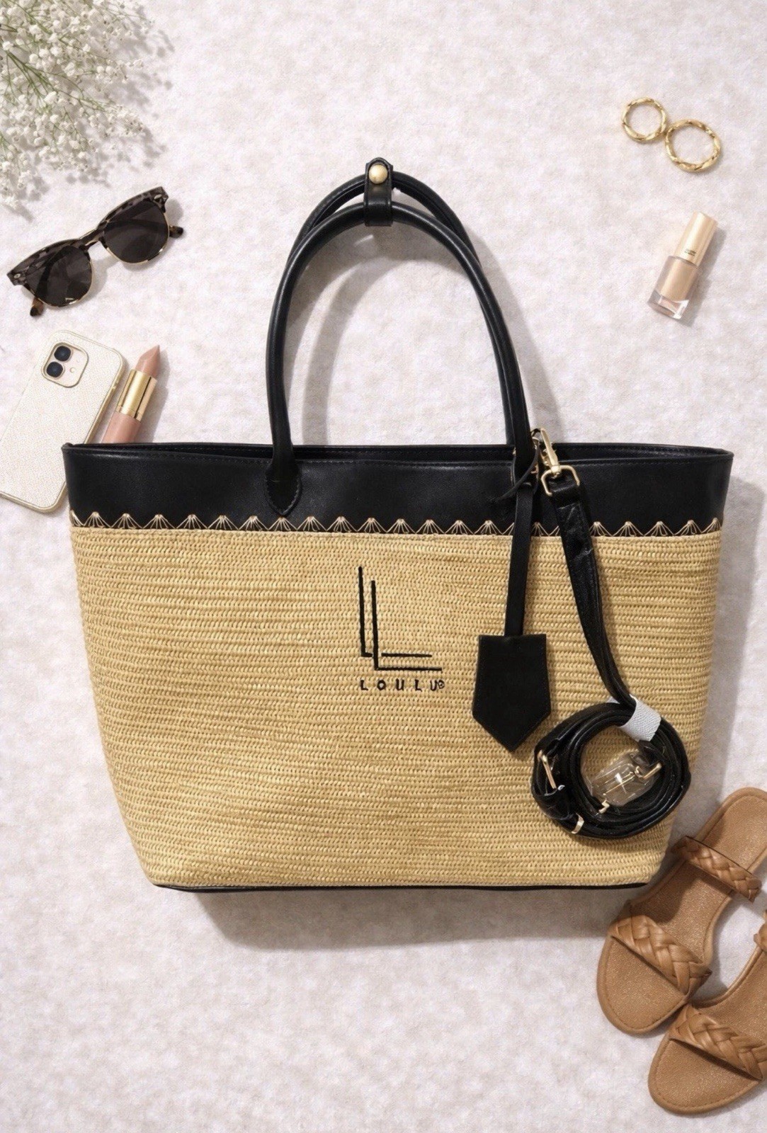 LOULUS Beige Black Tote Bag Embroidered Logo Detachable Strap Gold Hardware