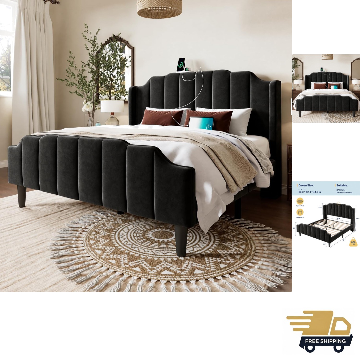 Elegant Vintage Queen Velvet Platform Bed Frame with Charging Station, Black