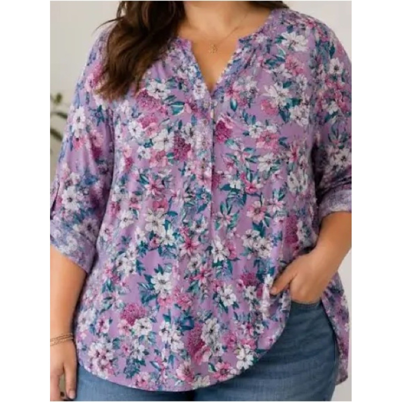 Torrid Harper Size 0 L Purple Floral Button Blouse Shirt Tunic Top Tropical