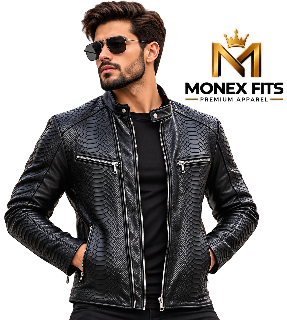 Men’s Black Genuine Leather Biker Jacket Python Embossed Motorcycle Cafe Racer