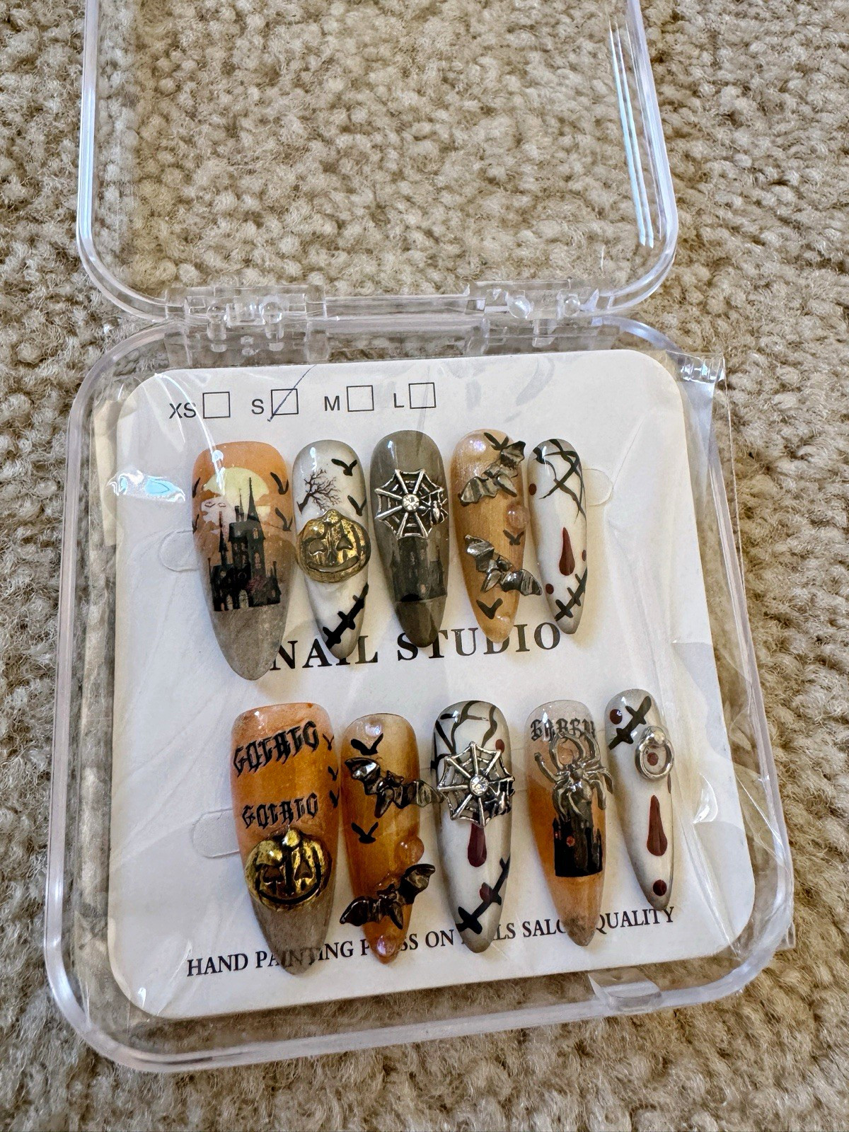 Halloween 3D Hand Painted Press On Nails Spider Bat Gothic Coffin Shape Size S Halloween 3D Hand Painted Press On Nails Spider Bat Gothic Coffin Shape Size S