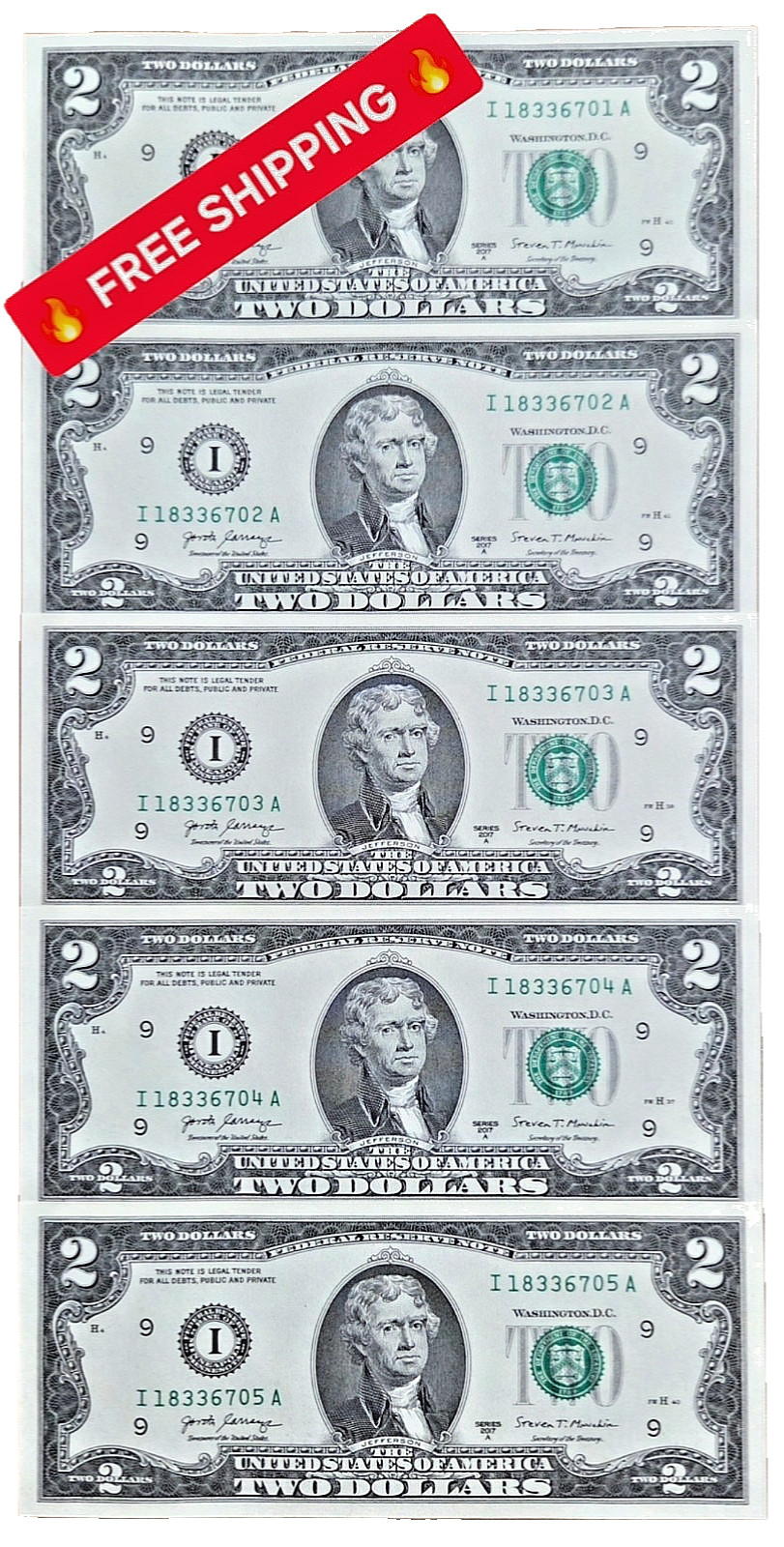 2017A $2 Bill Minneapolis IA Block Lot of 5 Consecutive Uncirculated *Low Print* 2017A $2 Bill Minneapolis IA Block Lot of 5 Consecutive Uncirculated *Low Print*