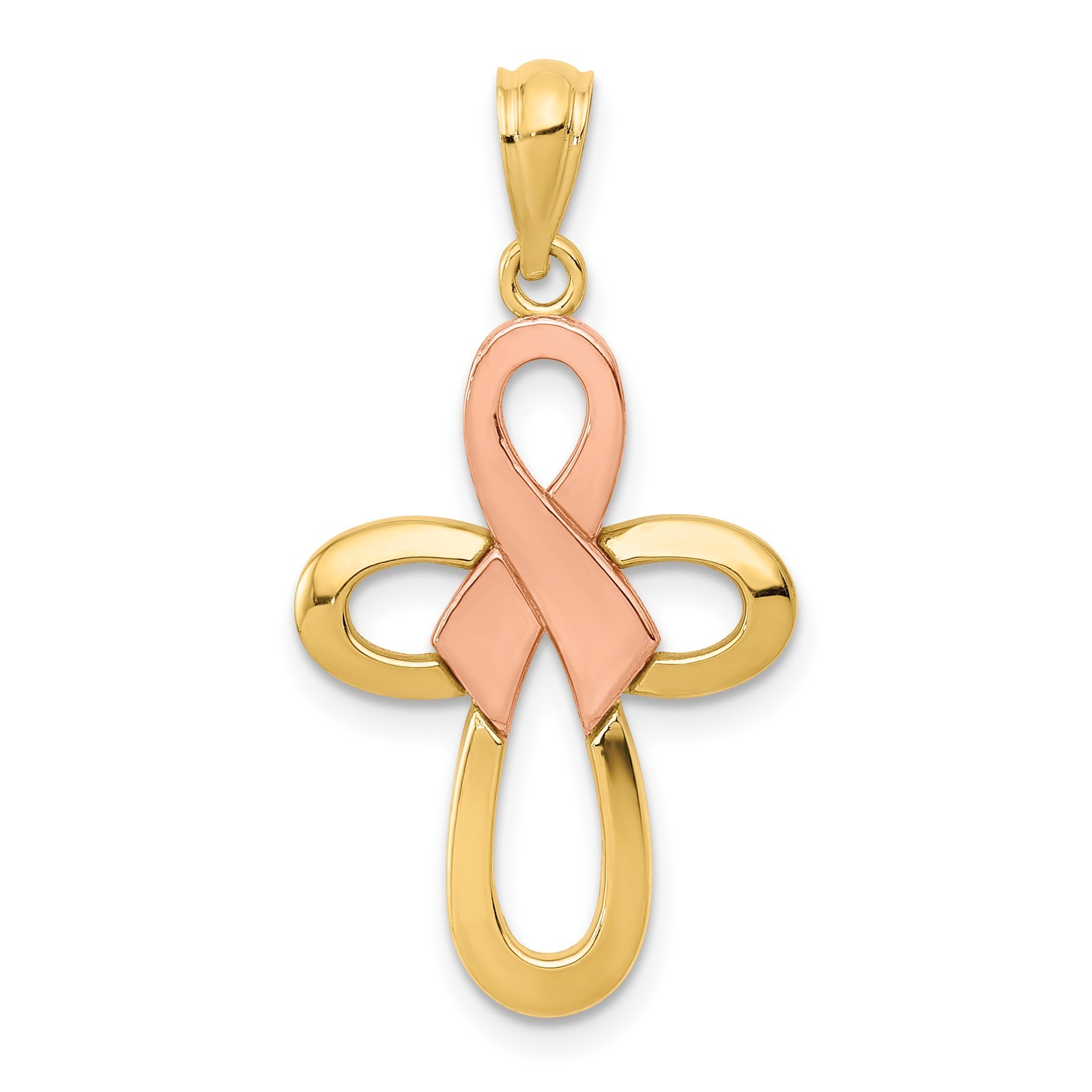 Pink Ribbon Cross Pendant Charm 30mm 14k Two-tone Gold Religious Solid