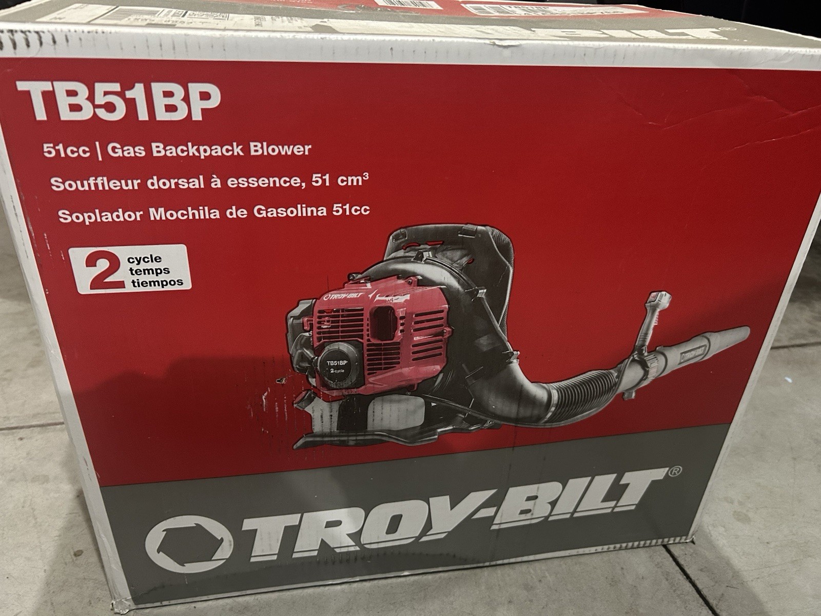 Troy-Bilt TB51BP 51cc Gas Backpack Leaf Blower 220MPH 600CFM 2-Cycle New In Box Troy-Bilt TB51BP 51cc Gas Backpack Leaf Blower 220MPH 600CFM 2-Cycle New In Box