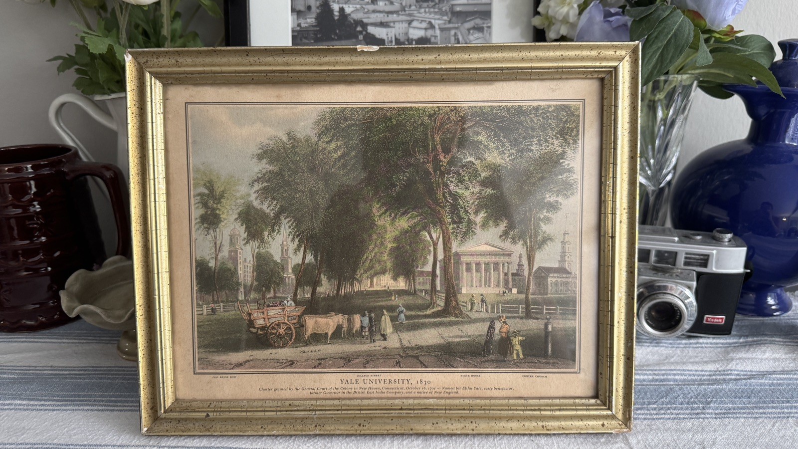 Antique Hand Colored Steel Engraved print of Yale University, 1830 by Bartlett Antique Hand Colored Steel Engraved print of Yale University, 1830 by Bartlett