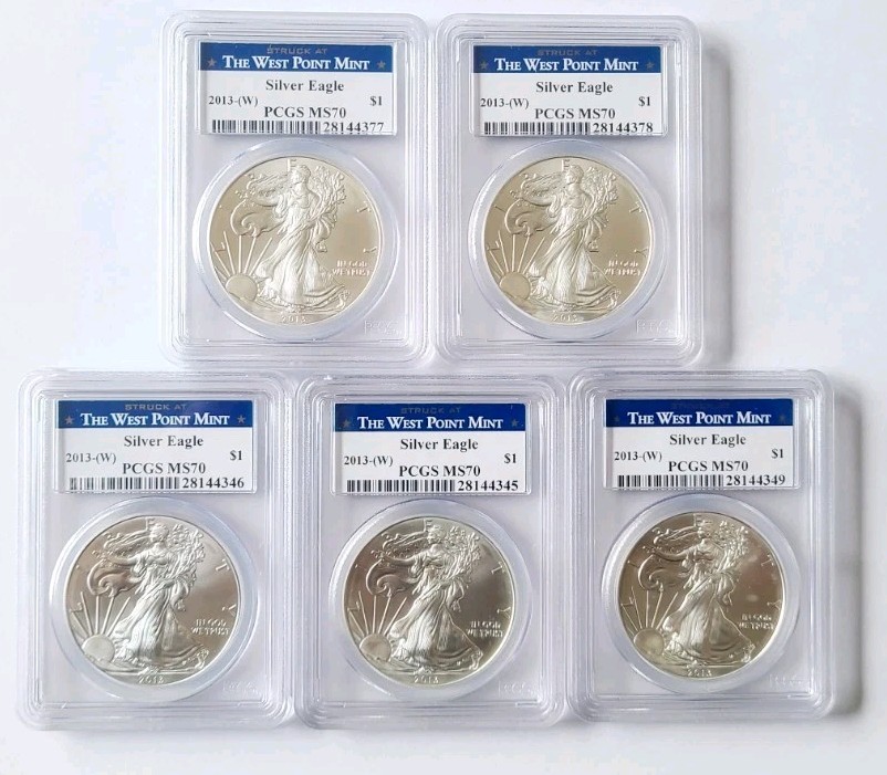 🔥Lot Of (5)2013-W $1 American Silver Eagle Type 1 PCGS MS70 West Point  Mint🔥