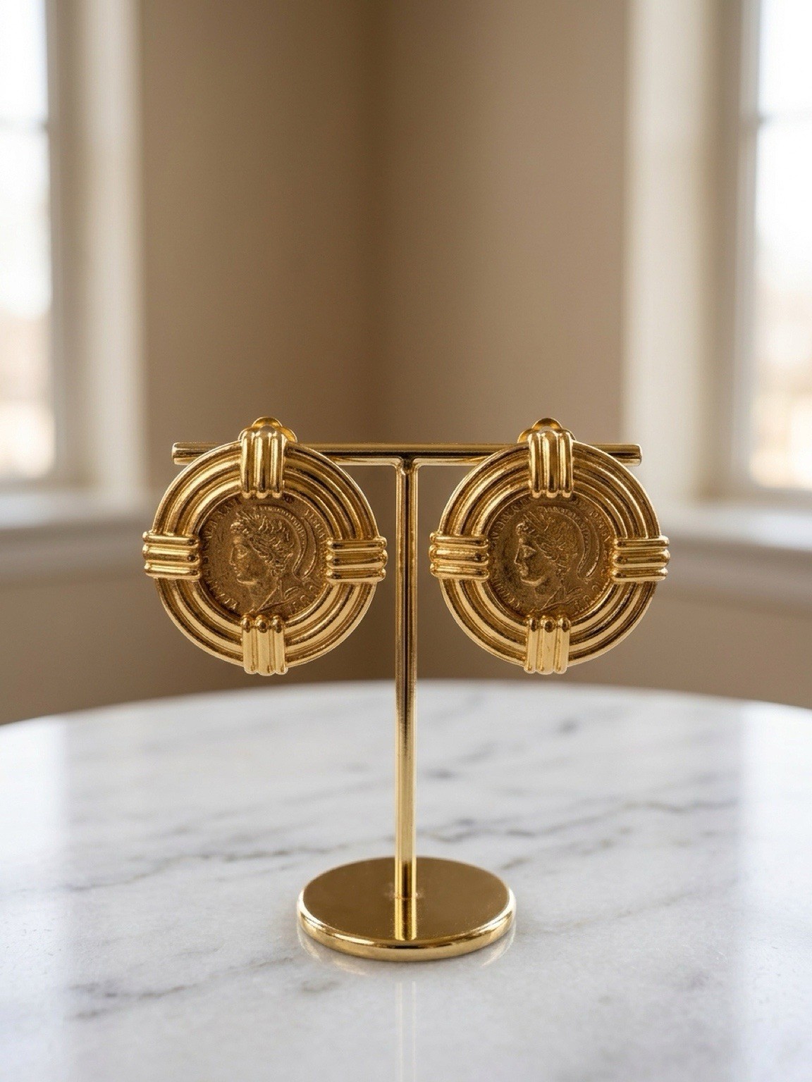 Vtg CAROLEE Signed Gold Tone Roman Coin Clip On Earrings 1980s Statement Runway