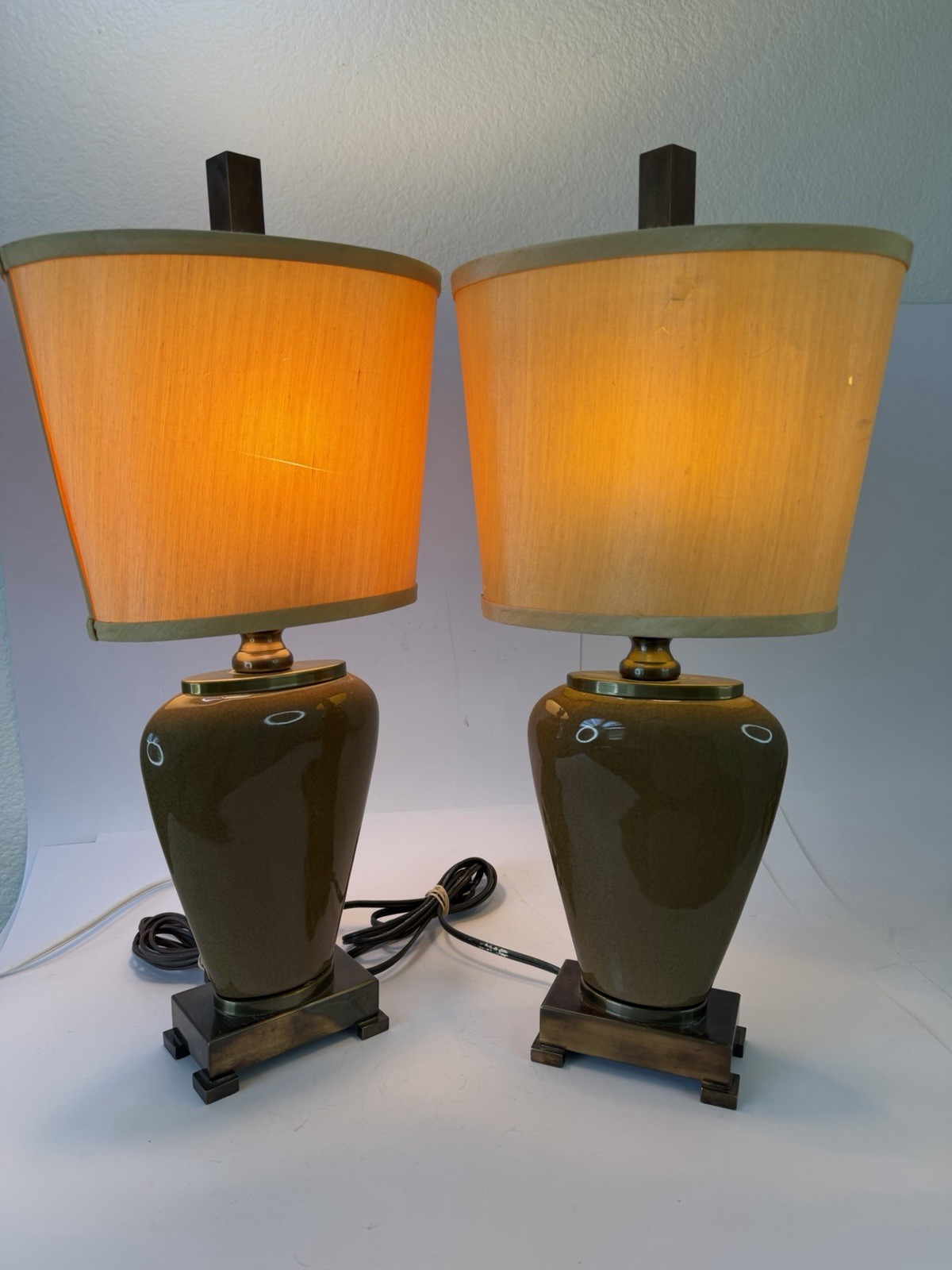 Pair Uttermost Olive Green Crackle Ceramic Table Lamps Bronze Base Shades 24in