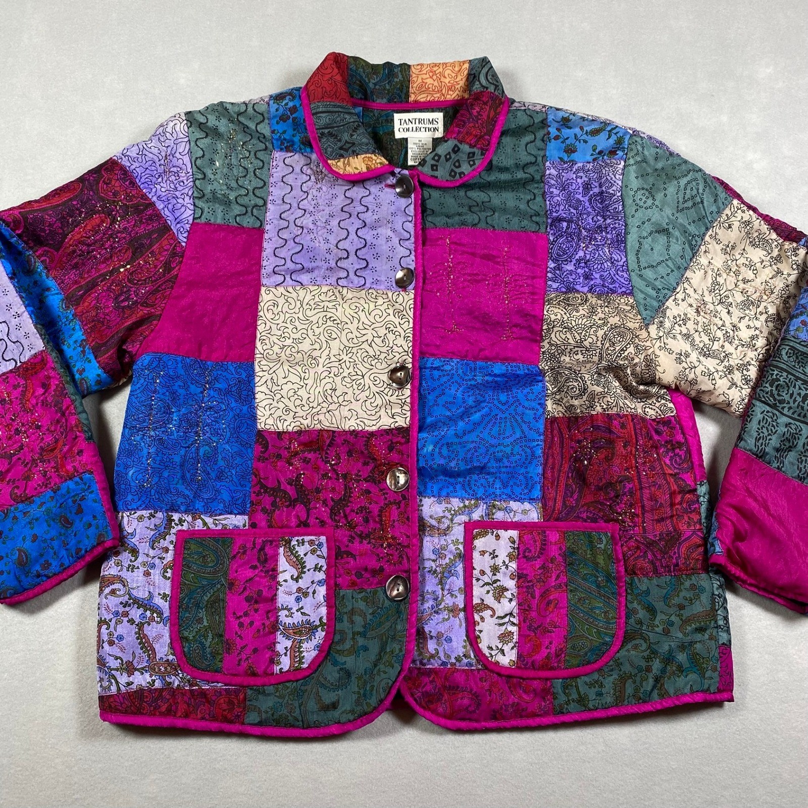 Tantrums Collection Vintage 100% Silk Patchwork Jacket Womens M Boho Hippie Pink