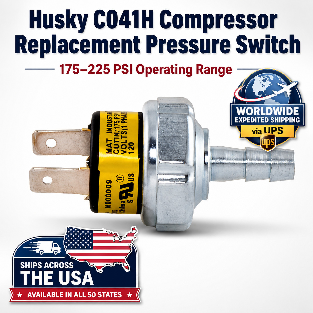 Husky C041H Compressor Replacement Pressure Switch 175-225 Psi Operating Range