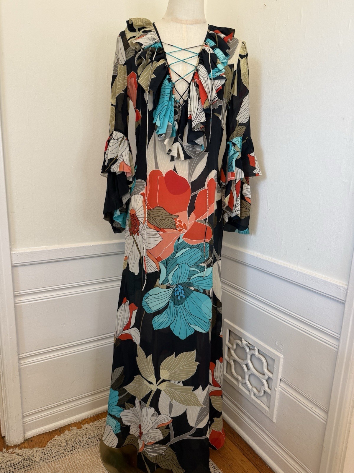 Pnina Tornai Resort 100% Silk Chiffon Floral Ruffle Lace Up Maxi Dress XS / S