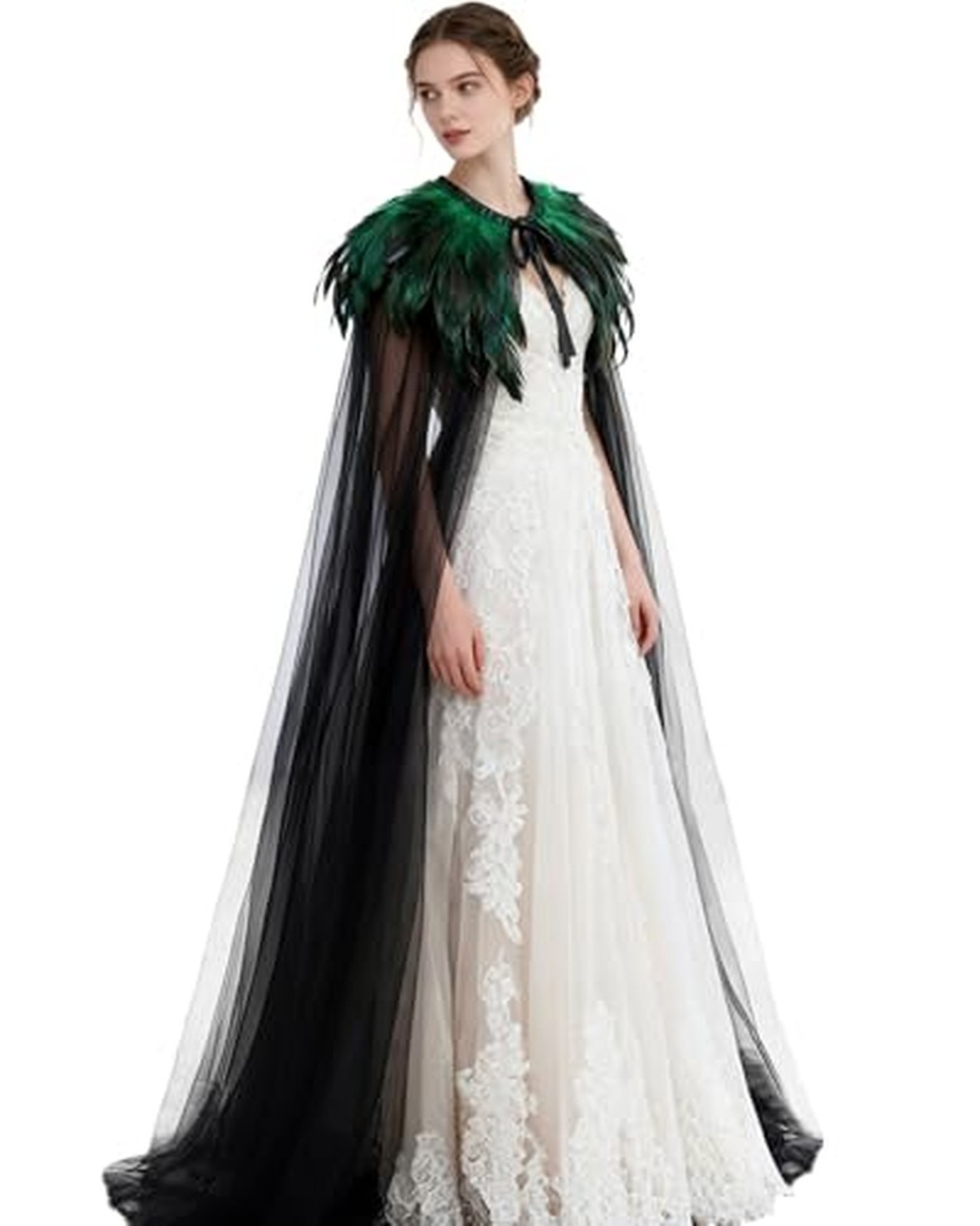L\'VOW Women\'s Gothic Feather Cloak Witch Tulle Cape Green