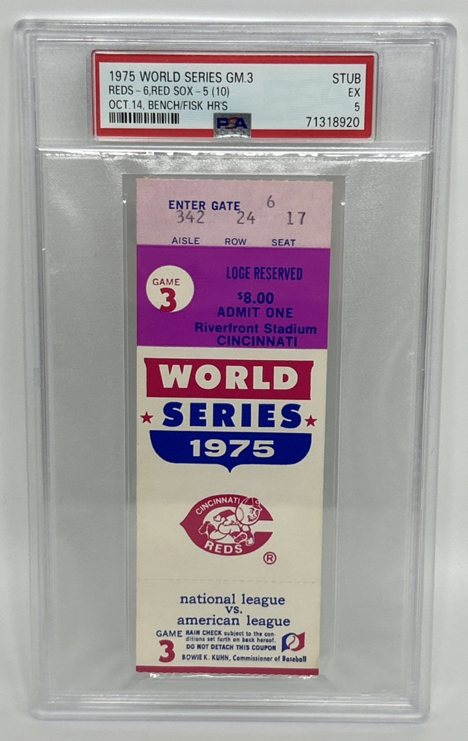 1975 World Series Game 3 Ticket Reds Red Sox Riverfront Stadium PSA