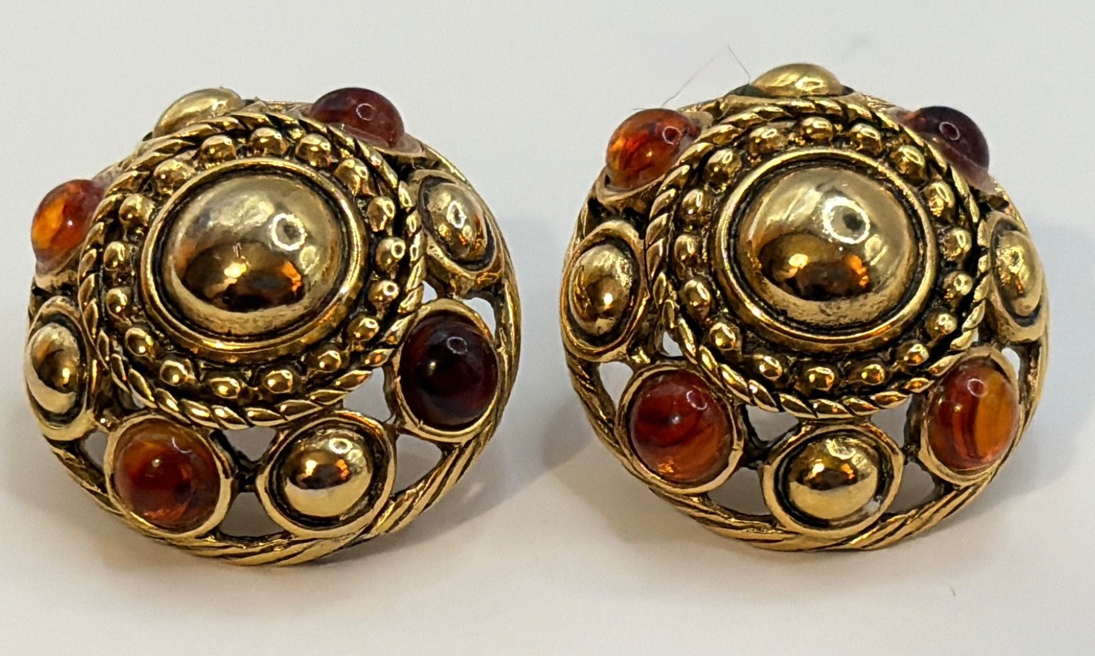 Vintage Etruscan Revival Genuine Amber Gold Tone Dome Statement Pierced Earrings