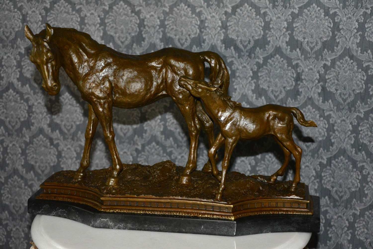Horse Bronze Statue COLT Sculpture Foal Marble France Decor Animal Art Mother