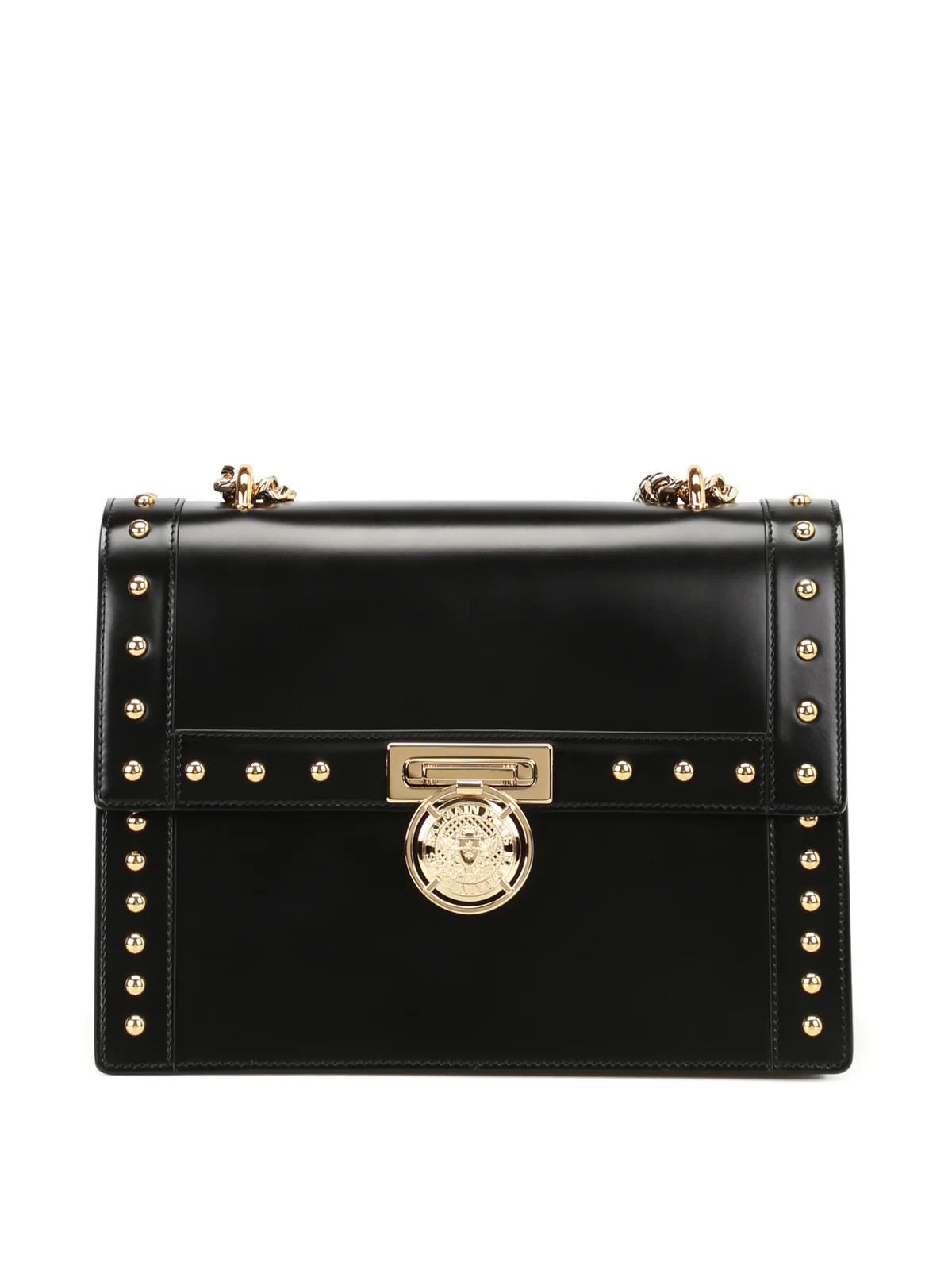 Balmain B-Box Black Leather Shoulder Bag with Gold-Tone Chain Strap