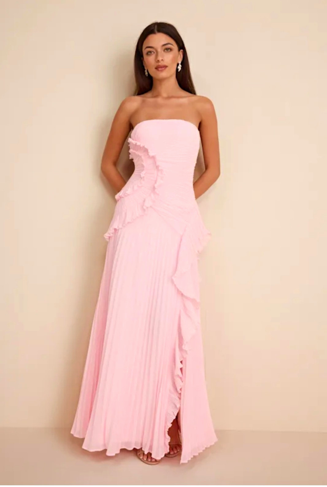 Lulus Brylee Light Pink Pleated Ruffled Maxi Dress Size L NWT