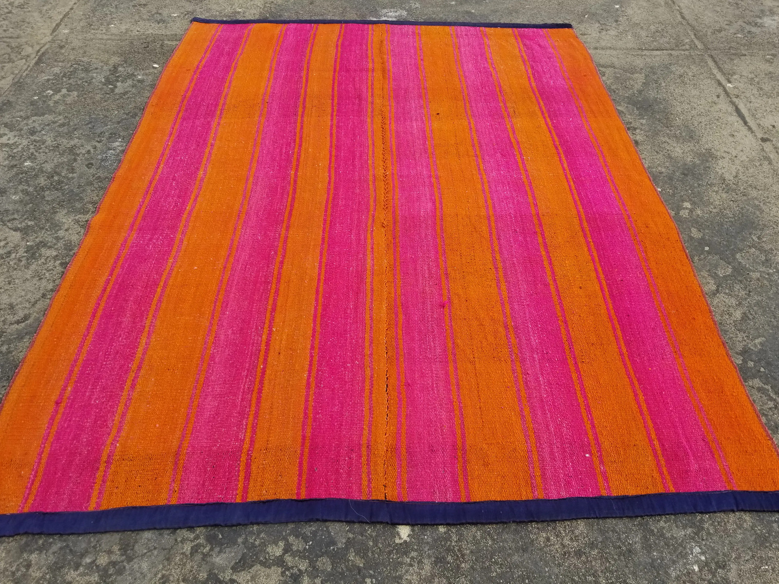 Vintage Traditional Handmade Striped Neon Pink & Orange Wool Kilim 5.5x4.3 ft