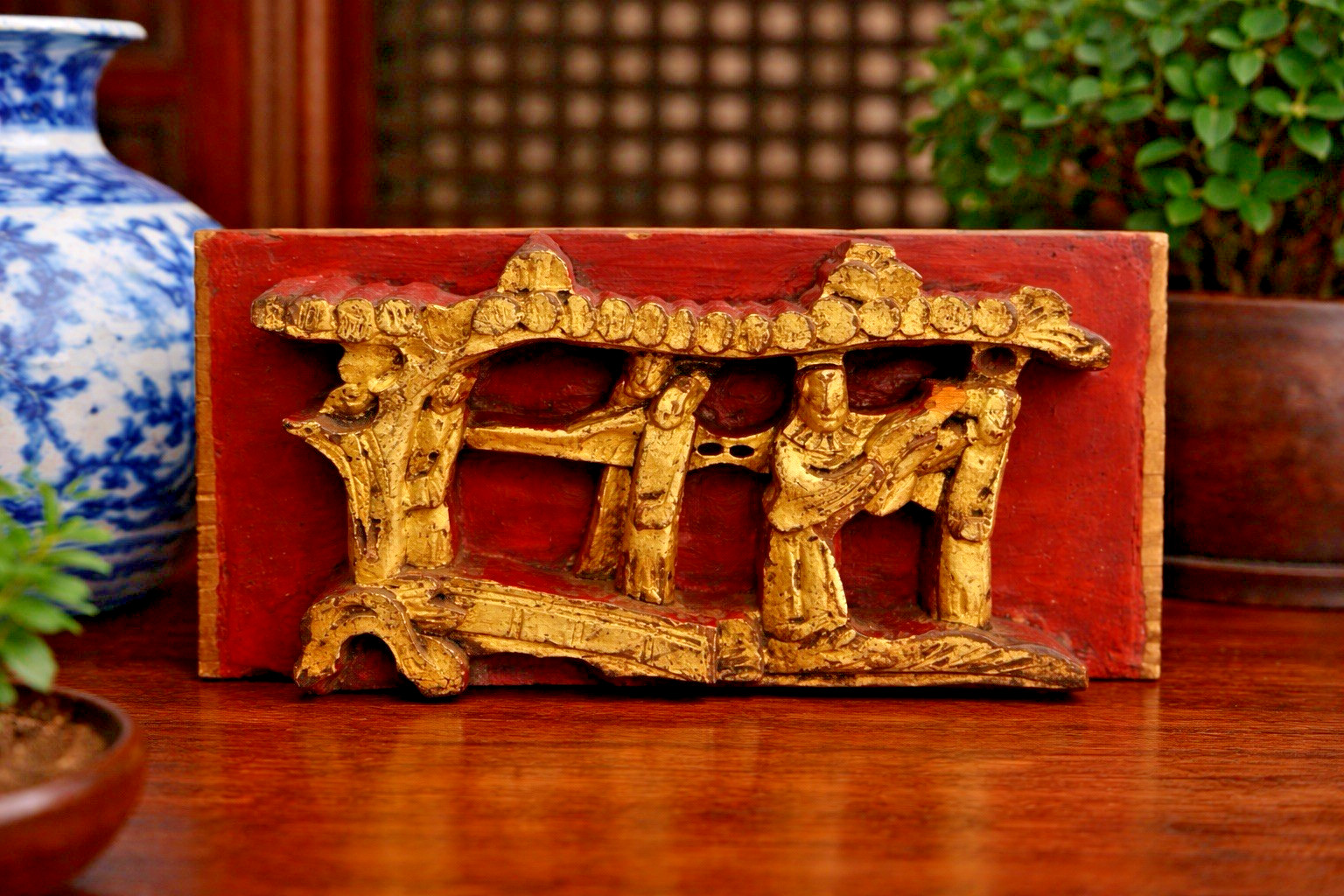 Antique Qing Dynast Chinese Gilt Wood Carved Red Lacquer Architectural Fragment