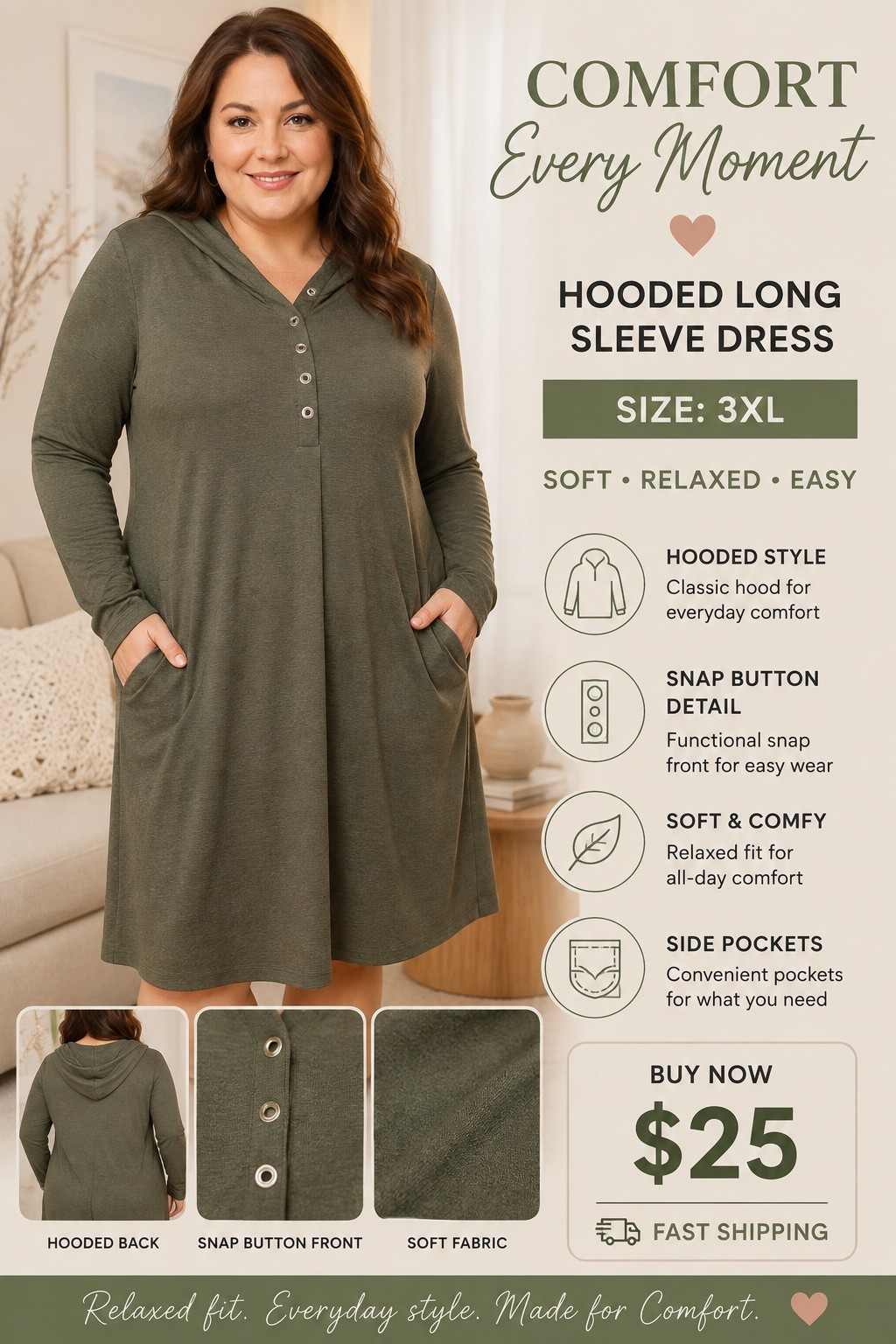 DOUBLJU Women’s 3XL Olive Long Sleeve Hooded Henley Mini Dress Snap Front
