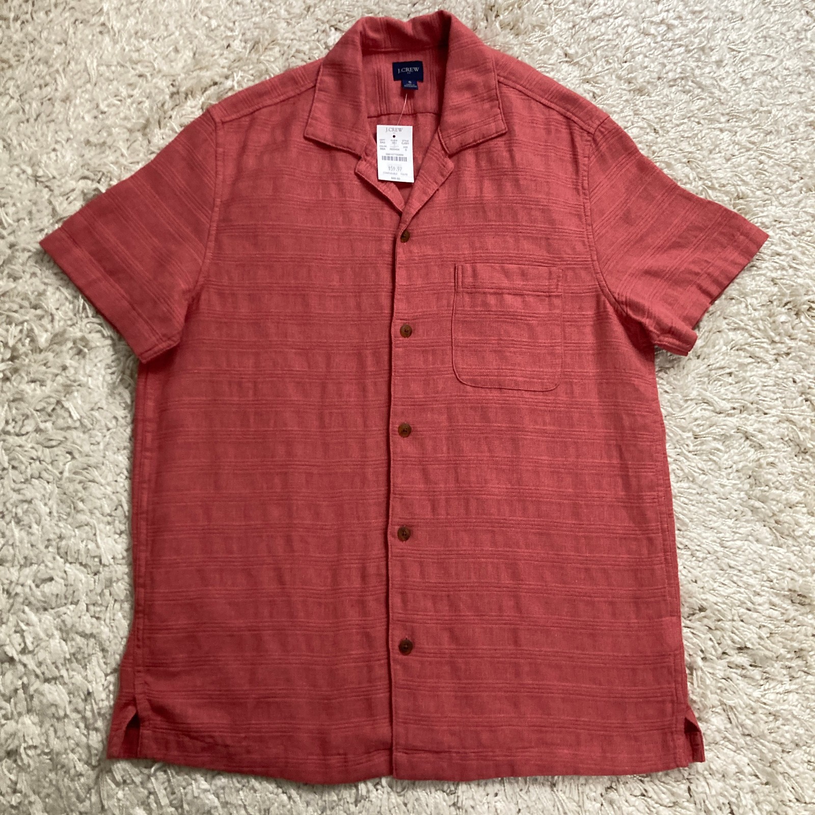 NWT J Crew Shirt Mens Small Linen Blend Textured Camp Collar Button Up