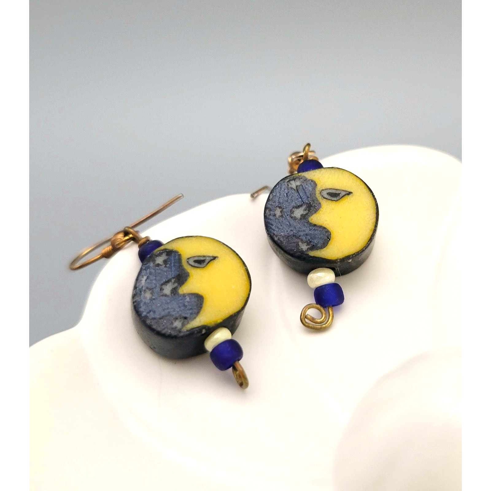 Vintage Artisan Celestial Moon Face Dangle Earrings Blue Yellow Folk Art Boho