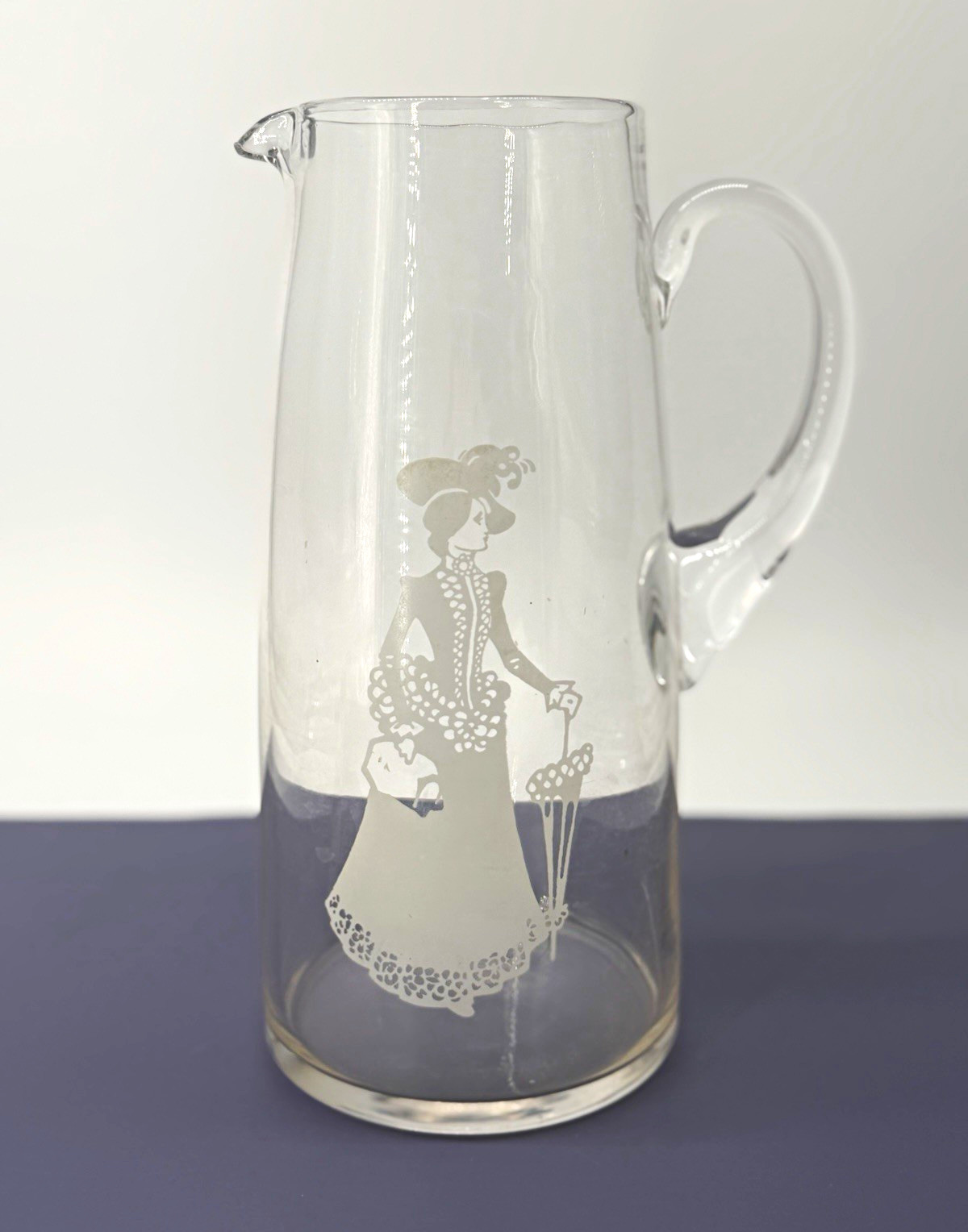 Vintage Etched Glass Water Pitcher Gibson Girl Victorian Lady 10.5” Clear