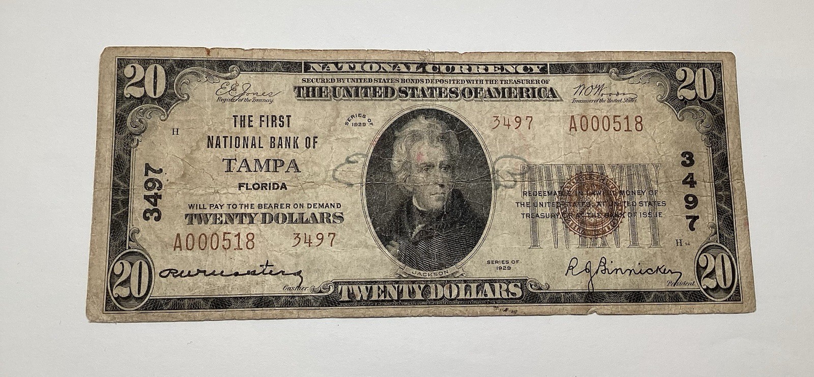 1929 $20 The First National Bank Of Tampa Florida Type 2 Ch#3497 A000518