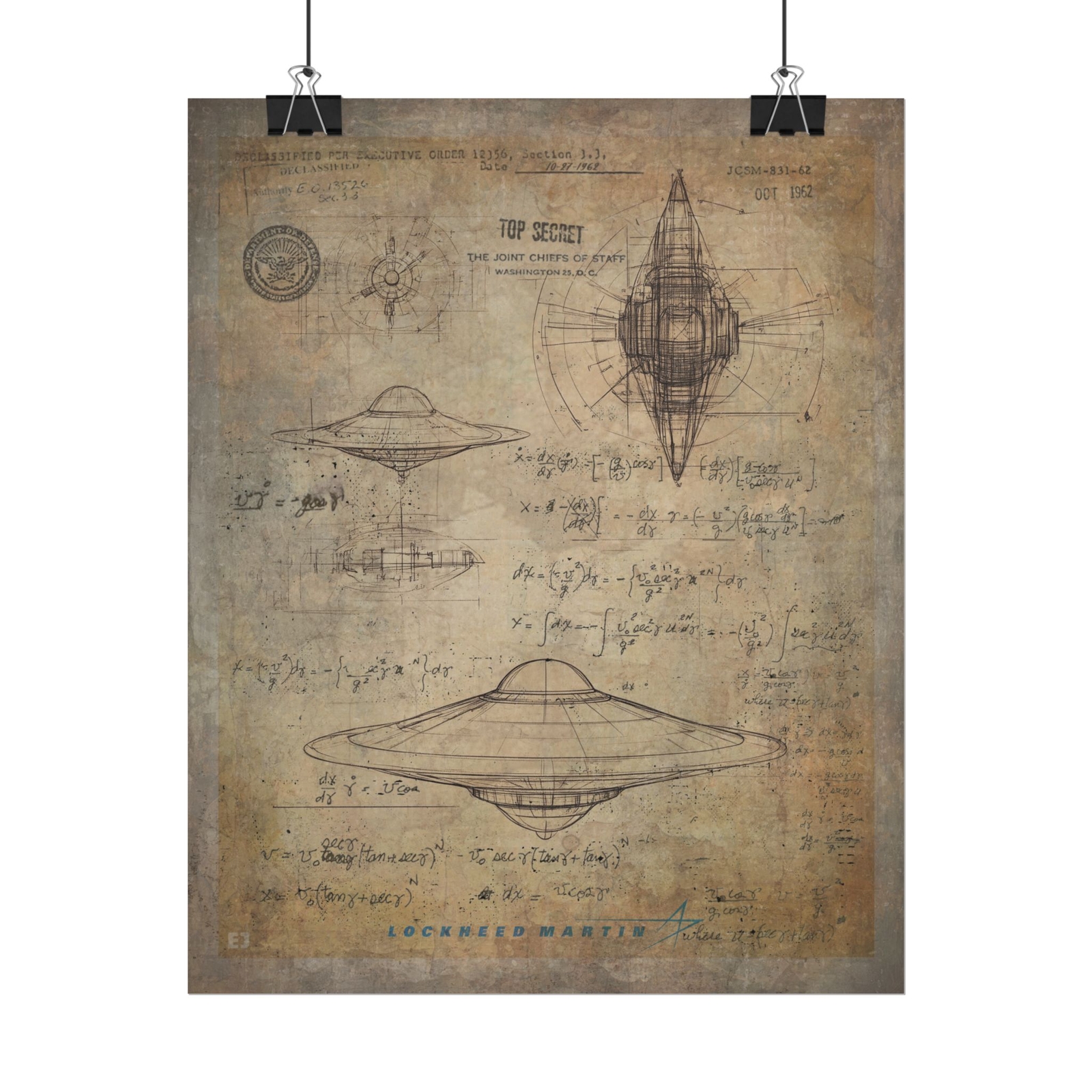 Vintage LOCKHEED UFO Blueprints Wall Art, Alien Physics Classified UAP Poster
