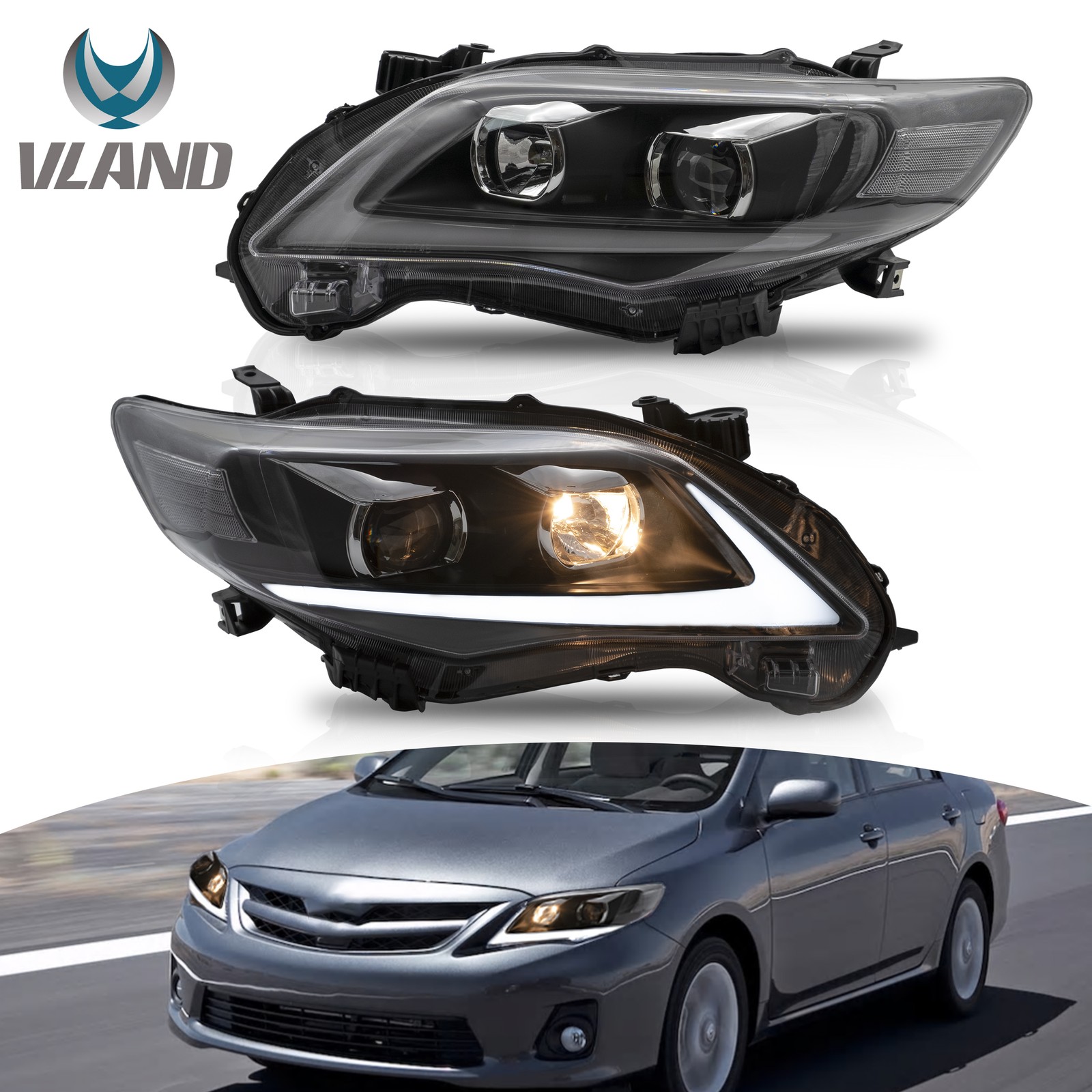 2*VLAND For 2011-2013 Toyota Corolla Sedan LED DRL Headlights Front Headlamp