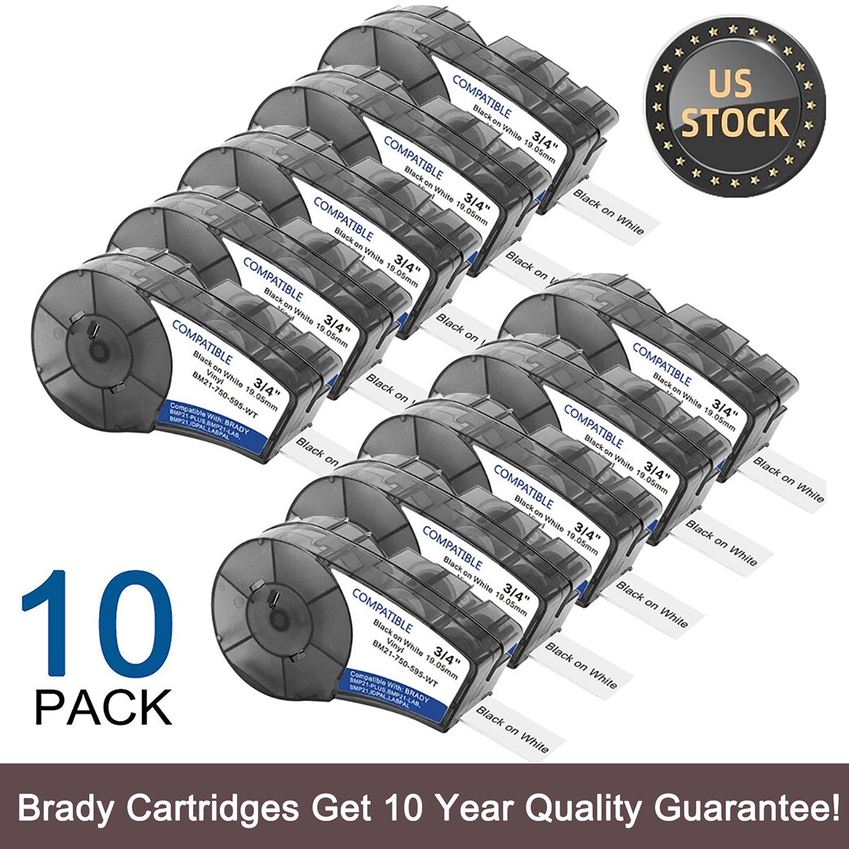 10PK For Brady BMP21-PLUS M21-750-595 Vinyl Label Cartridge Black/White 3/4\