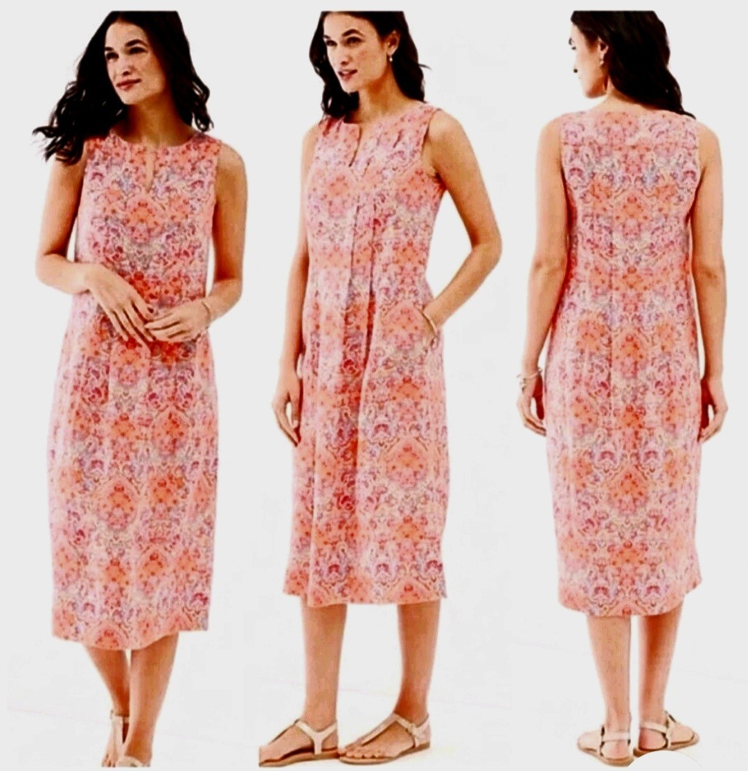 J Jill Love Linen Paisley V Neck Sleeveless Midi Dress Orange Pink Blue Size S