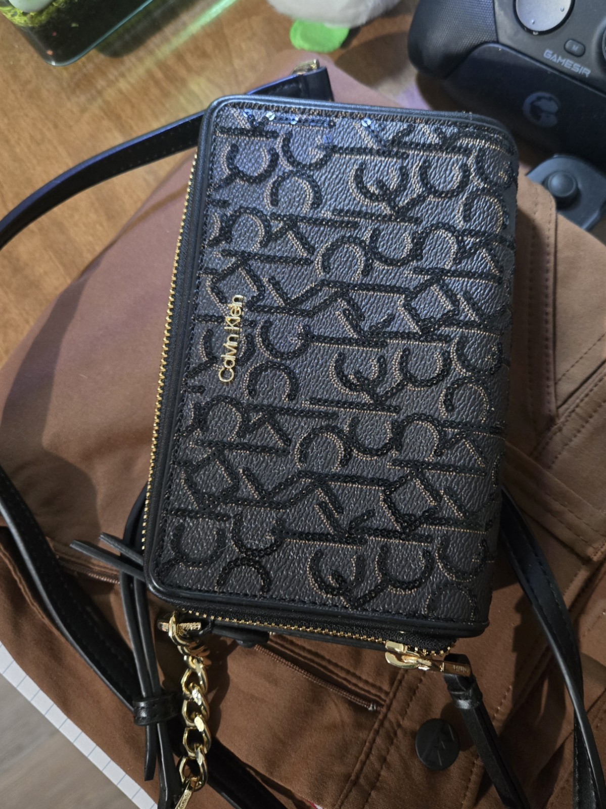 Calvin Klein CK Sequin Monogram Black Brown Crossbody Purse Gold Hardware NWT