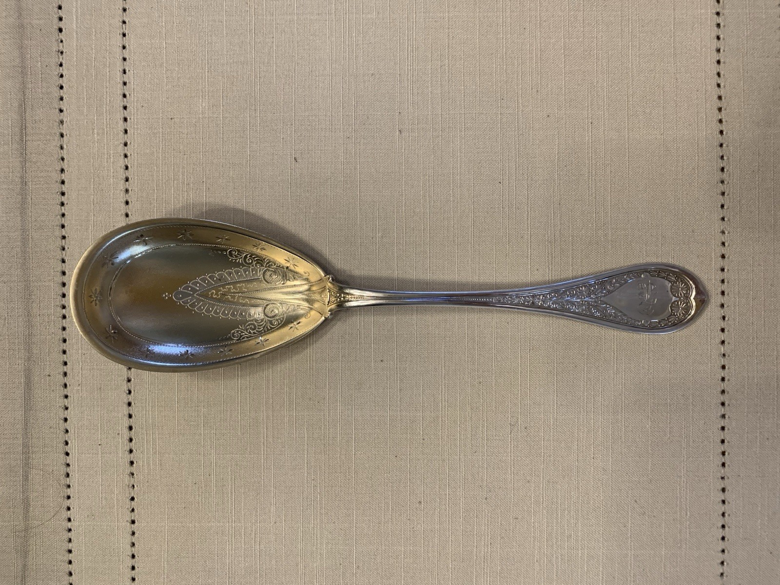 WOOD & HUGHES MARGUERITE STERLING SILVER GOLD WASHED 9” CASSEROLE SPOON 1890