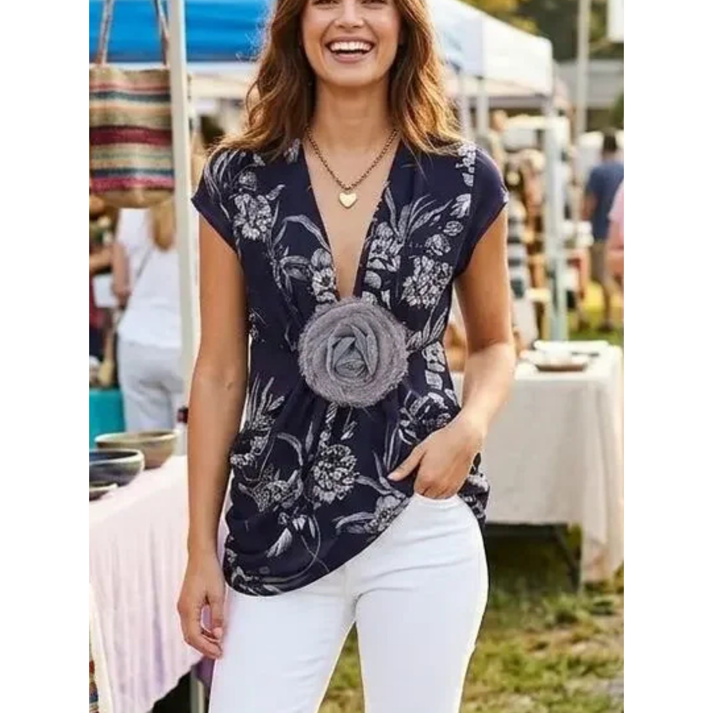 Anthropologie Deletta Midnight Rose Floral Blouse Navy V Neck Top S