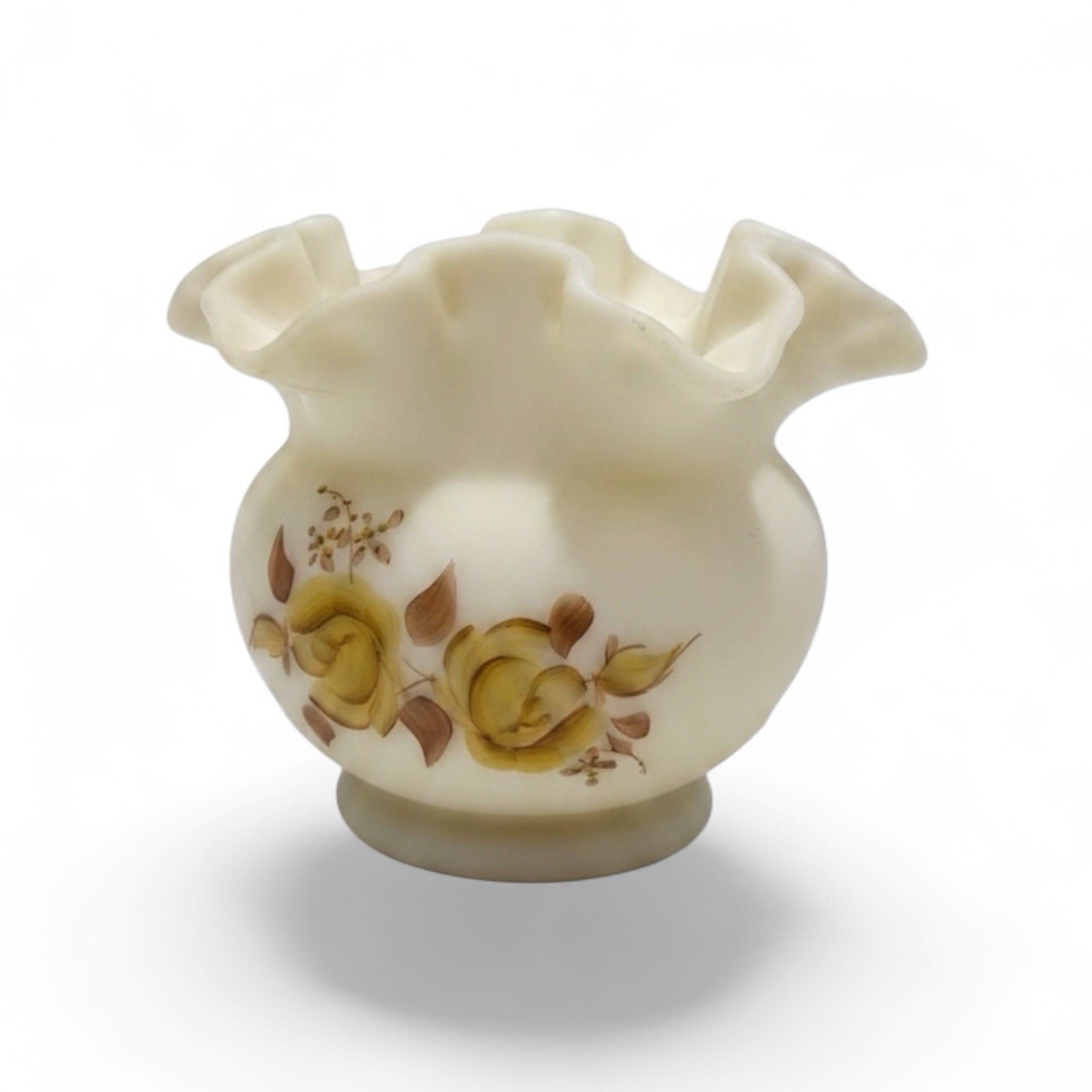 Vintage Fenton Custard Satin Glass Ruffle Vase Rose Bowl Hand Painted Signed Vintage Fenton Custard Satin Glass Ruffle Vase Rose Bowl Hand Painted Signed