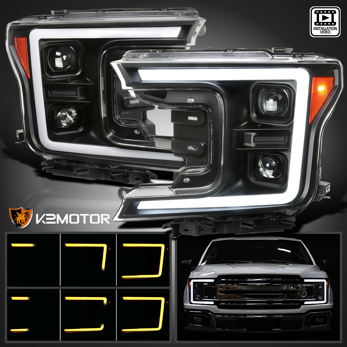 Black Fits 2018-2020 F150 Projector Headlights+Switchback LED Sequential Signal Black Fits 2018-2020 F150 Projector Headlights+Switchback LED Sequential Signal