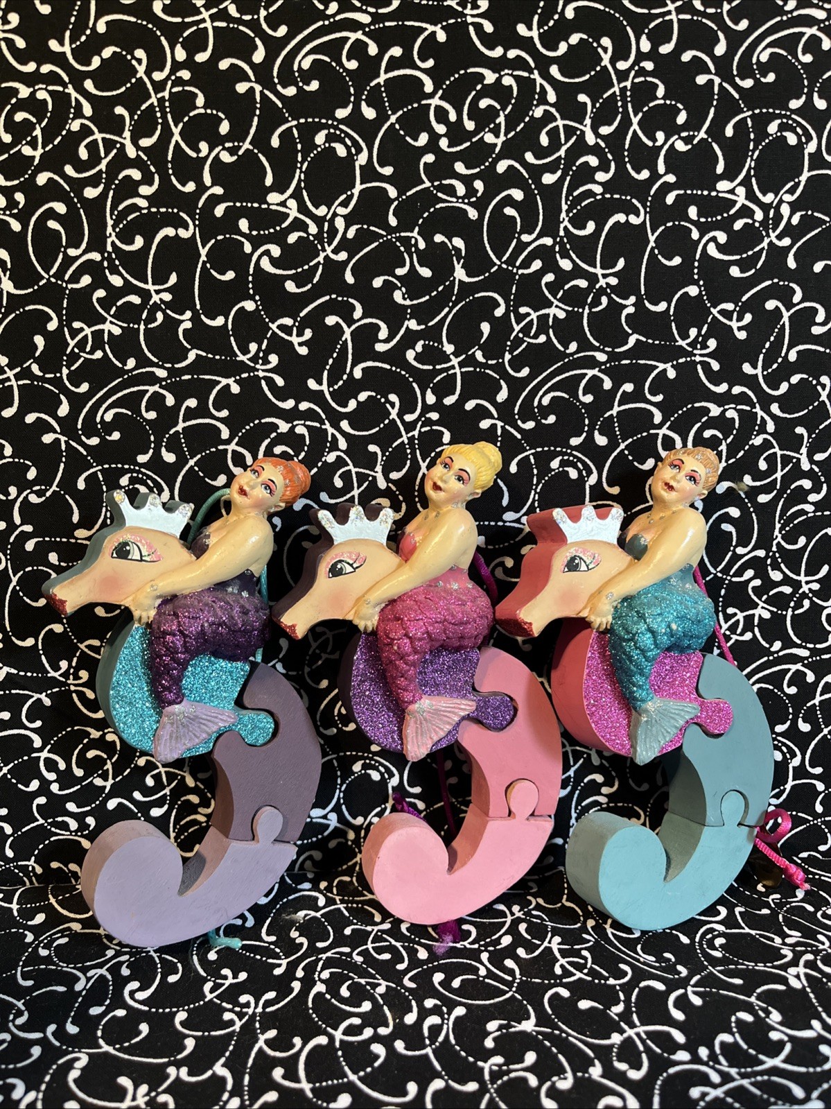 3 SUPER RARE Katherine's Collection Mermaids On Wooden Seahorse Puzzles Ornies