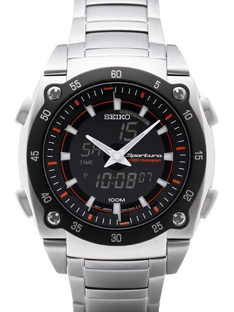 Brand New Seiko Sportura SNJ019P1 Stainless Steel Silver Black Wristwatch