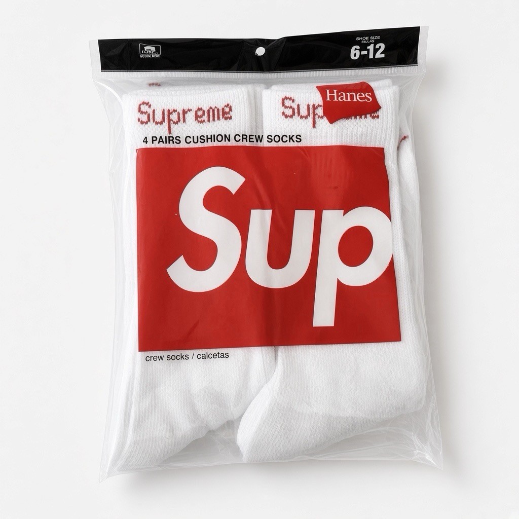 Supreme X Hanes Crew Socks - White, 4 Pack, Size 6-12 (Same Day Shipping)